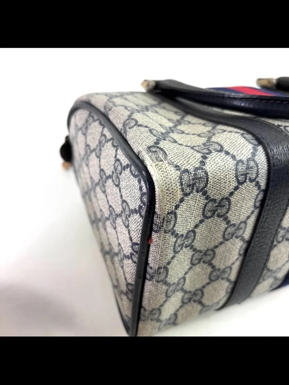 Gucci Beige GG Canvas Satchel with Navy and Red Web Stripe